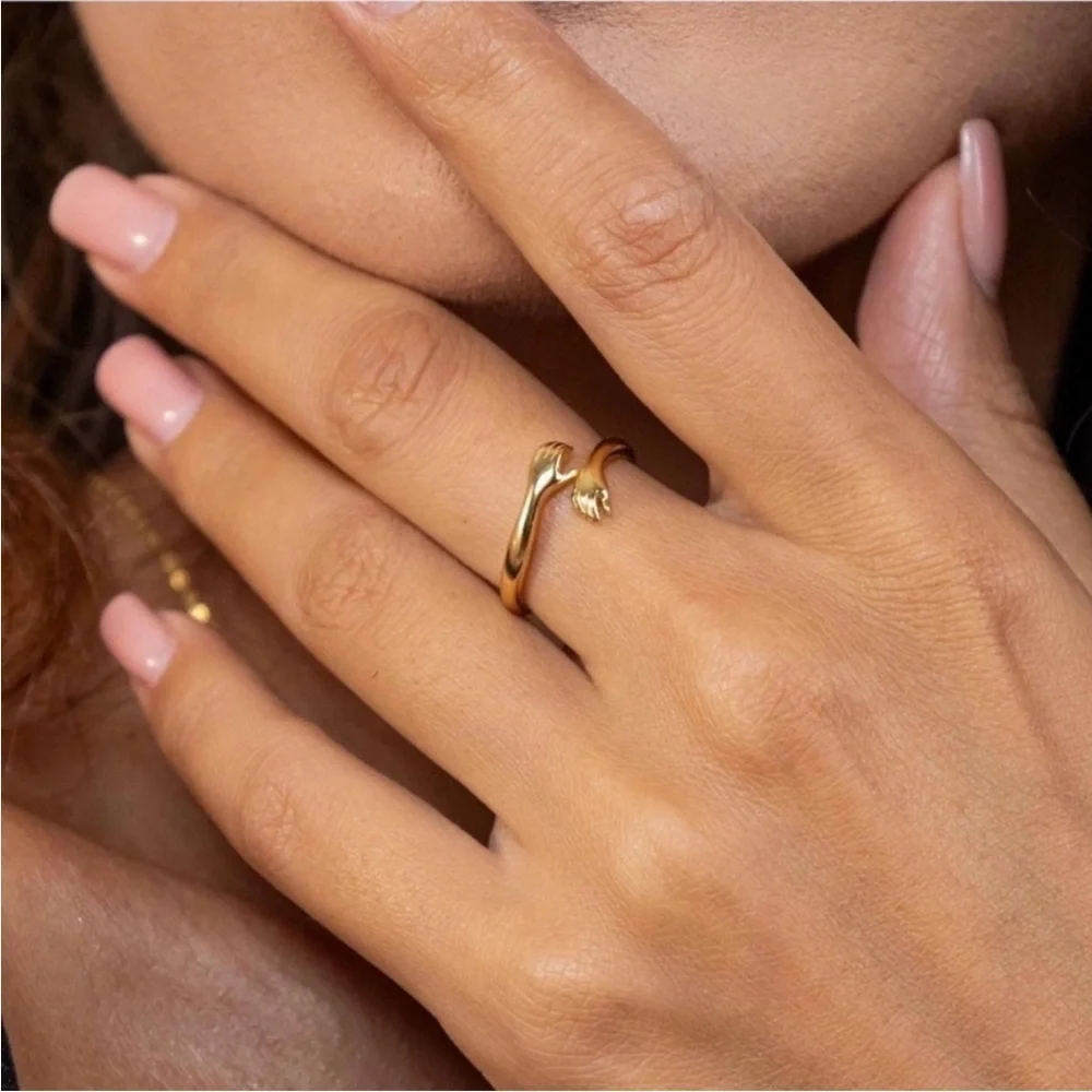 925 Sterling Silver Embrace Adjustable Gold Hug Hands Ring